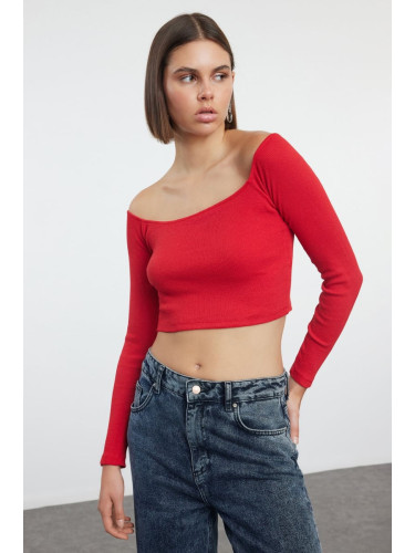 Trendyol Red Fitted Super Crop Carmen Collar Ribbed Stretch Knitted Blouse