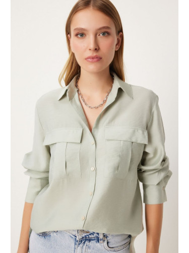 Happiness İstanbul Women's Light Almond Green Wide Pocket Tencel Shirt