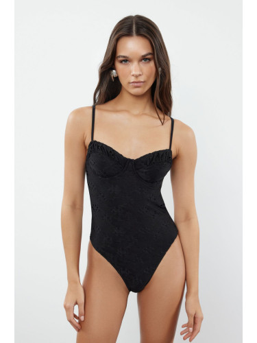 Trendyol Black V-Neck Tie-Up Regular Swimsuit