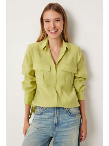 Happiness İstanbul Women's Oil Green Wide Pocket Tencel Shirt