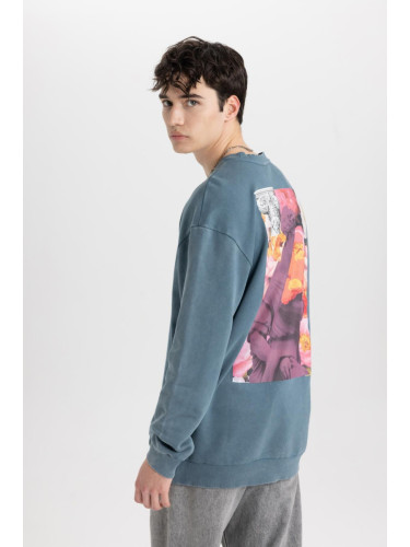 DEFACTO Comfort Fit Crew Neck Back Printed Washed Faded Effect Sweatshirt