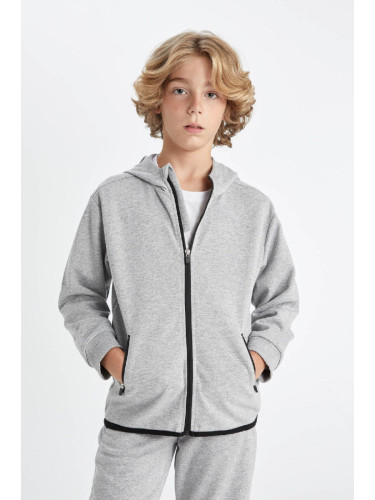 DEFACTO Boy Basic Gray Hooded Zippered Pocket School Sweatshirt