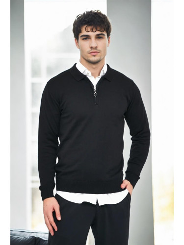 82155 Dewberry Polo Neck Half Zipper Slim Fit Mens Sweater-BLACK