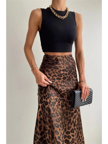 68223 Dewberry Leopard Pattern Satin Midi Length Skirt-BLACK-BROWN