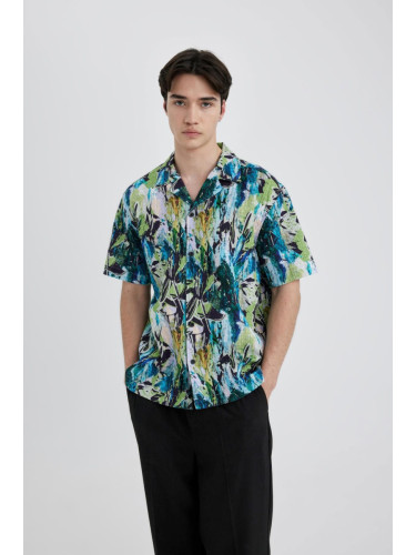 DEFACTO Oversize Fit Open Collar Patterned Cotton Short Sleeve Shirt