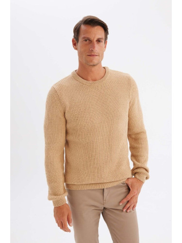 DEFACTO Beige Standard Fit Regular Cut Crew Neck Textured Knitwear Sweater