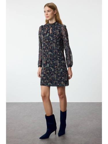 Trendyol Navy Blue Shawl Patterned Straight Cut Mini Lined Woven Winter Dress