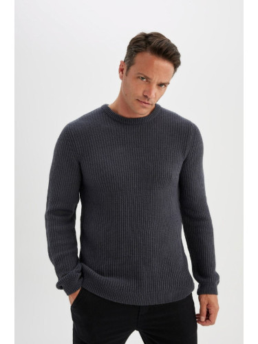 DEFACTO Anthracite Standard Fit Regular Cut Crew Neck Textured Knitwear Sweater