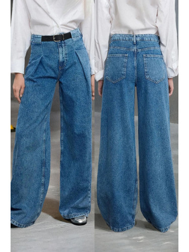 Trendyol Blue Belt Detailed Pleated High Waist Wide Leg Jeans