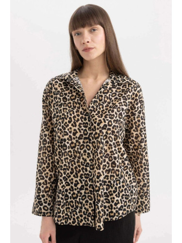 DEFACTO Oversize Wide Pattern Long Sleeve Leopard Patterned Voile Shirt