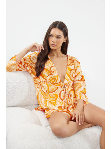 Trendyol Orange Patterned Tie/Ribbon/Bow Detailed Viscose Woven Pajama Set