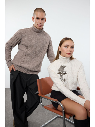 Trendyol Mink Casual Regular Couple Turtleneck Textured Knitwear Sweater