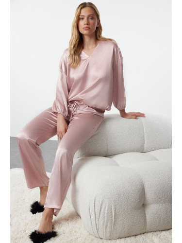 Trendyol Powder Tie Detailed Satin Woven Pajama Set