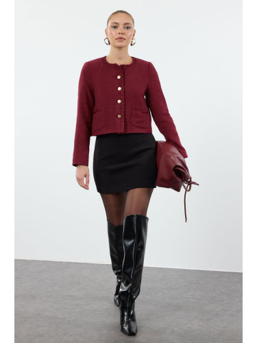 Trendyol Burgundy Crop Woven Tweed Jacket