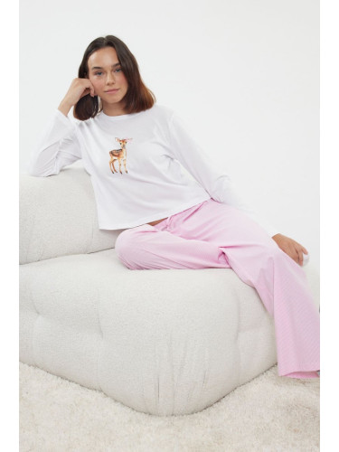 Trendyol White Deer Printed Ribbon/Bow Detailed Top Knitted Bottom Woven Pajama Set