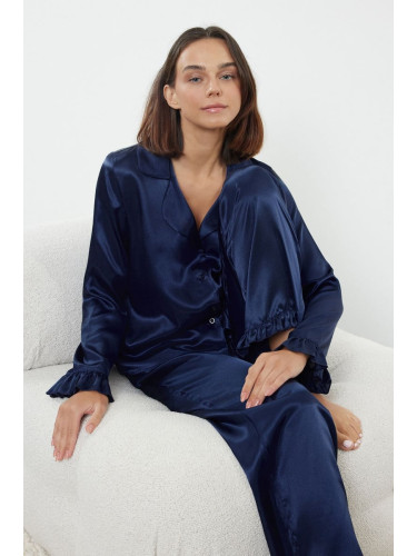 Trendyol Navy Blue Ruffle Detailed Satin Woven Pajama Set