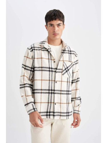 DEFACTO Men's Ecru Regular Fit Regular Cut Polo Collar Plaid Lumberjack Flannel Long Sleeve Shirt