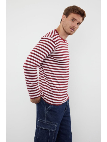 Trendyol Claret Red Oversize/Wide Cut Striped Crew Neck Long Sleeve T-Shirt