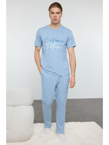 Trendyol Men's Blue Crew Neck Printed Knitted 100% Cotton Pajama Set