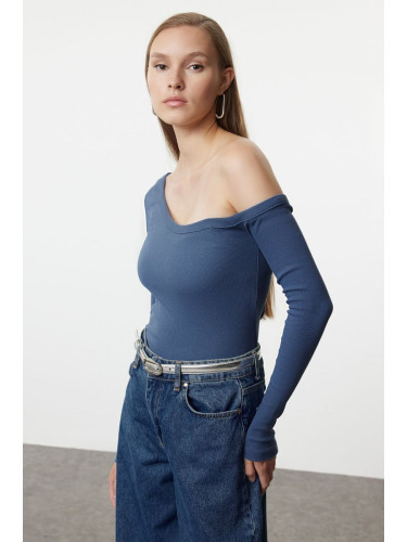 Trendyol Indigo Fitted Off Shoulder Corded Cotton Stretch Knitted Blouse