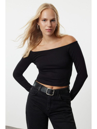 Trendyol Black Plain Carmen Collar Fitted Stretchy Knitted Blouse