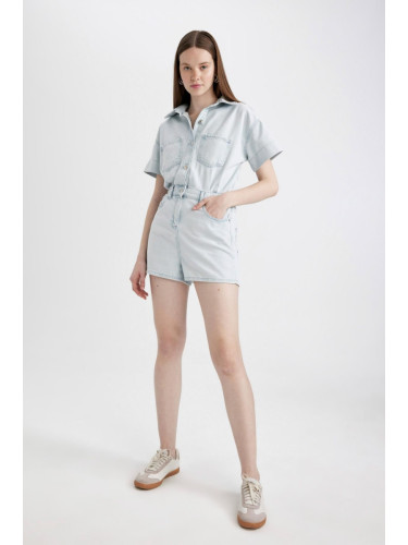 DEFACTO Short Sleeve Mini Jean Jumpsuit