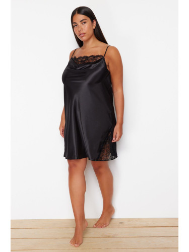 Trendyol Curve Black Lace Detailed Mini Satin Woven Nightgown