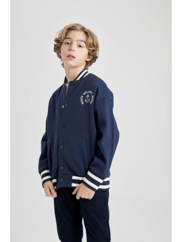 DEFACTO Boys College Collar Printed Snap Closure Double Pocket Seasonal Bomber Cardigan