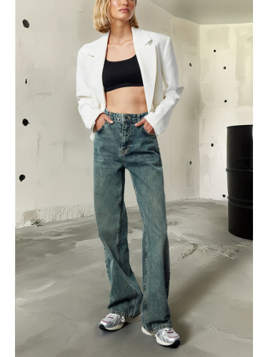 Trendyol Dark Blue Faded Effect Vintage High Waist Wide Leg Jeans