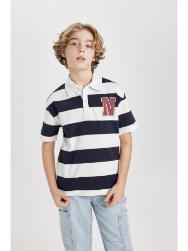 DEFACTO Boys Oversize Fit Striped Printed Short Sleeve Polo T-Shirt