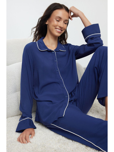 Trendyol Navy Blue Piping Detailed Viscose Woven Pajama Set