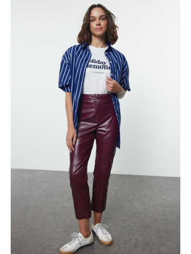 Trendyol Claret Red Faux Leather Cigarette Zippered Woven Trousers