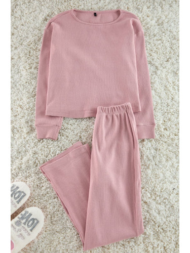 Trendyol Pink Ribbed Knitted Pajama Set