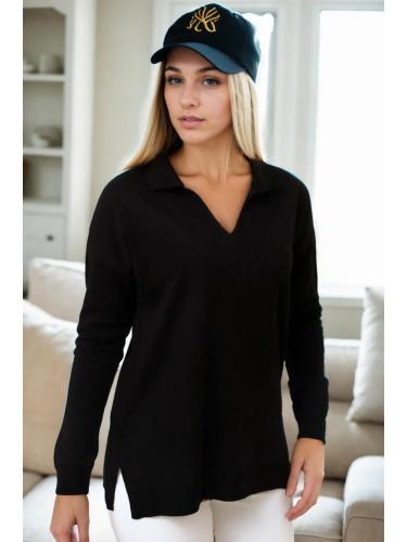 83295 Dewberry Polo Neck Long Sleeve Slit Sweater-BLACK