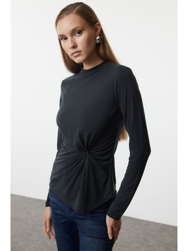 Trendyol Anthracite 100% Modal Content Gathering Detailed Crew Neck Asymmetrical Knitted Blouse