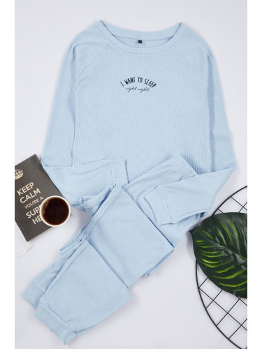 Trendyol Blue Cotton Slogan Embroidered Ribbed Knitted Pajama Set