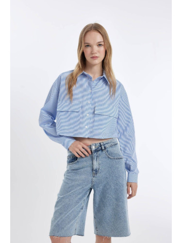 DEFACTO Cool Crop Striped Pocket Poplin Long Sleeve Shirt