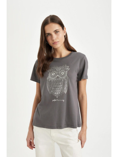 DEFACTO Regular Fit Crew Neck Owl Patterned Combed Cotton Short Sleeve T-Shirt