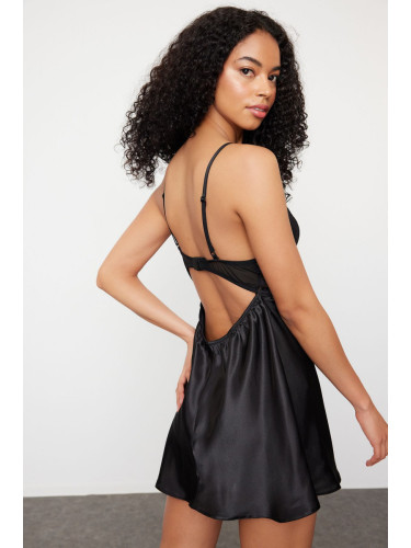 Trendyol Black Lace Back Hook and Window/Cut Out Detail Satin Woven Nightgown