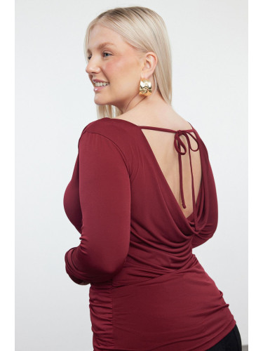 Trendyol Curve Claret Red Boat Neck Lace Back Knitted Plus Size Blouse