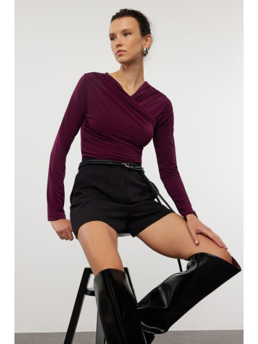 Trendyol Plum Drape Detailed Fitted Long Sleeve Stretchy Knitted Blouse