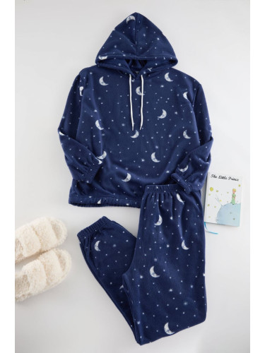 Trendyol Curve Navy Blue Hooded Galaxy Patterned Fleece Knitted Pajama Set