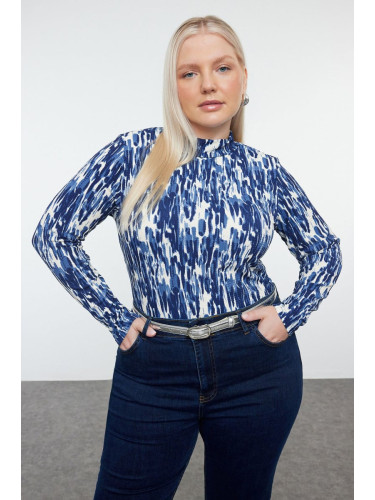 Trendyol Curve Navy Blue Printed Fitted High Collar Knitted Plus Size Blouse