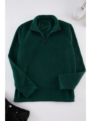 Trendyol Emerald Green Regular/Normal Cut Stand Collar Zippered Polar Fleece Warm Sweatshirt