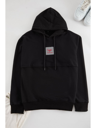 Trendyol Black Regular Cut Label and Stitch Detailed Hooded Sweatshirt