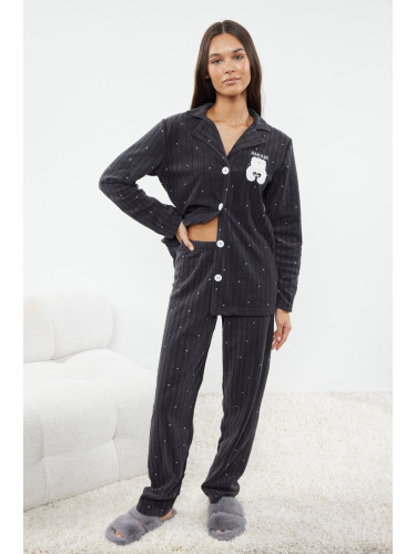 Trendyol Anthracite Polka Dot Animal Printed Polar Fleece Winter Knitted Pajama Set