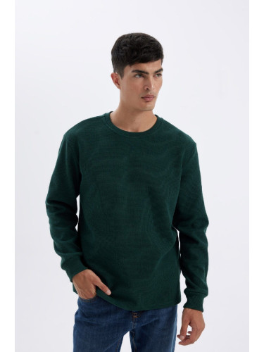 DEFACTO Men's Green Regular Fit Regular Cut Crew Neck Waffle Long Sleeve T-Shirt