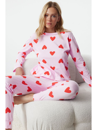 Trendyol Pink 100% Cotton Heart Knitted Pajama Set