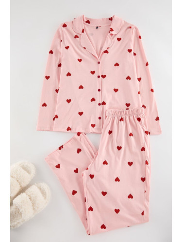 Trendyol Curve Pink Heart Shirt Collar Knitted Pajama Set