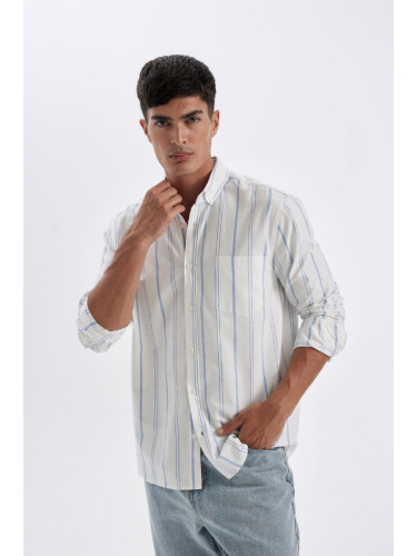 DEFACTO Men's Blue Regular Fit Regular Cut Oxford Button-down Striped Cotton Long Sleeve Shirt